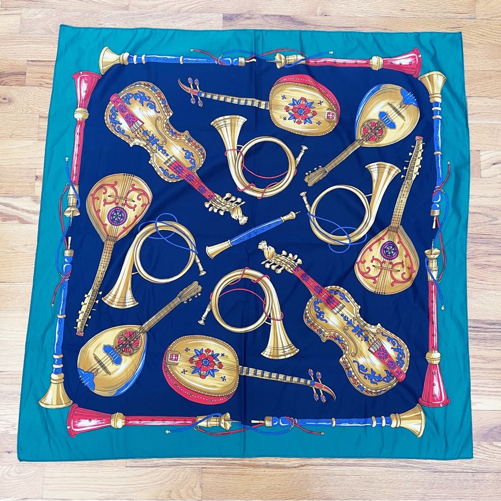 Vintage Green Brown Musical Instrument Square Scarf 34” Made in Italy Polyester - Picture 11 of 11